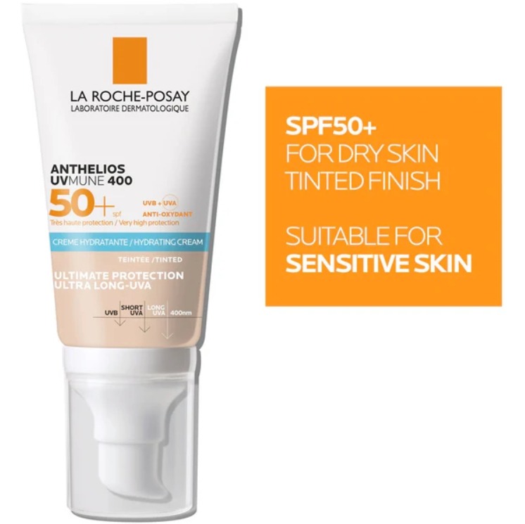 สีเนื้อ หลอดแถบฟ้า - La Roche Posay Anthelios Uvmune 400 Ultra Hydrating Tinted Cream SPF50 ขนาด 50ml.