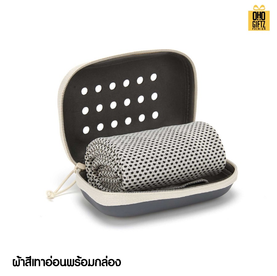 ผ้าชุบน้ำแล้วเย็นสำหรับออกกำลังกายพร้อมกล่อง ผลิตโลโก้ เย็บลาเบล ทำเป็นของพรีเมี่ยมได้