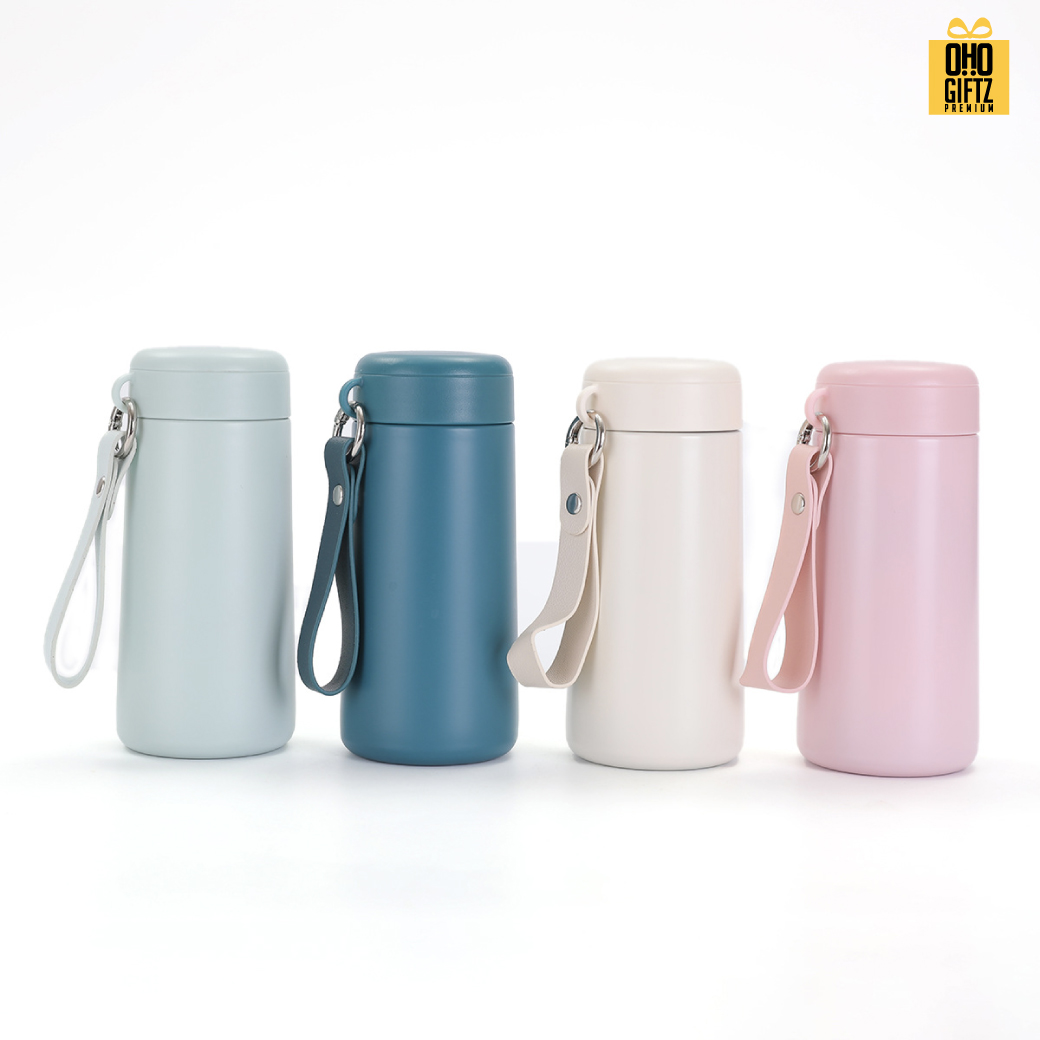 กระติกน้ำสแตนเลสแบบพกพามีสายหิ้ว สกรีนโลโก้ ทำเป็นของพรีเมี่ยมได้