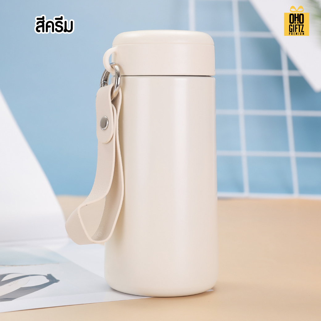 กระติกน้ำสแตนเลสแบบพกพามีสายหิ้ว สกรีนโลโก้ ทำเป็นของพรีเมี่ยมได้