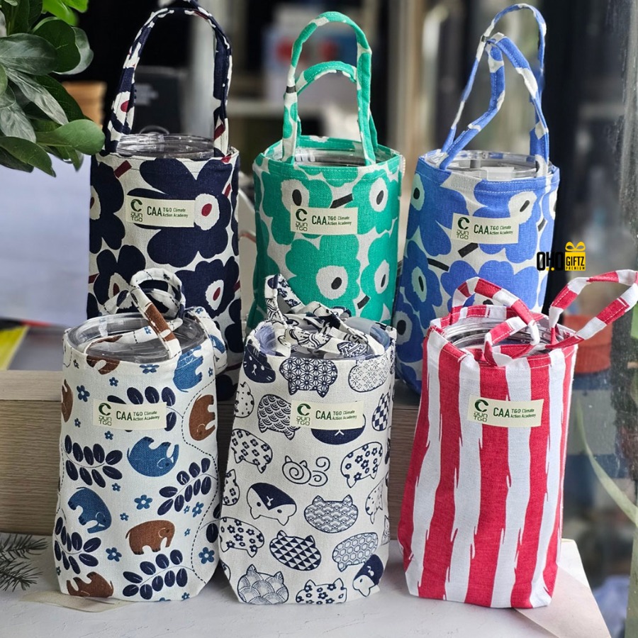 กระเป๋าผ้าฝ้ายใส่แก้วเก็บความเย็น สกรีนโลโก้ ทำของพรีเมี่ยมได้