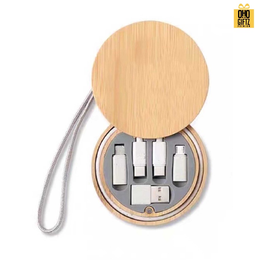 กล่องไม้ใส่สายเคเบิลชารจ์มือถือครบทุกหัว สกรีนชื่อ,โลโก้ ทำเป็นของพรีเมี่ยมได้