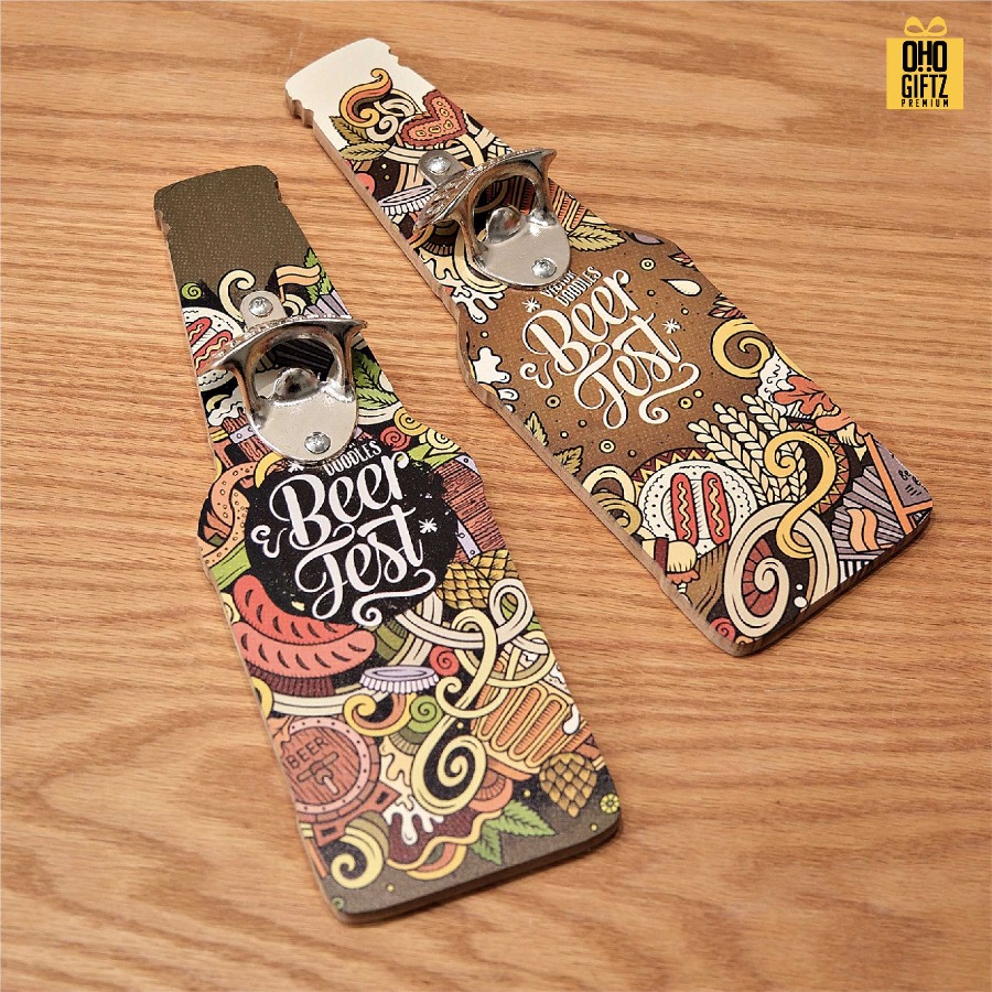 ที่เปิดขวดไม้ทรงขวด สกรีนไม่จำกัดสี สกรีนโลโก้ ทำเป็นของพรีเมี่ยมได้