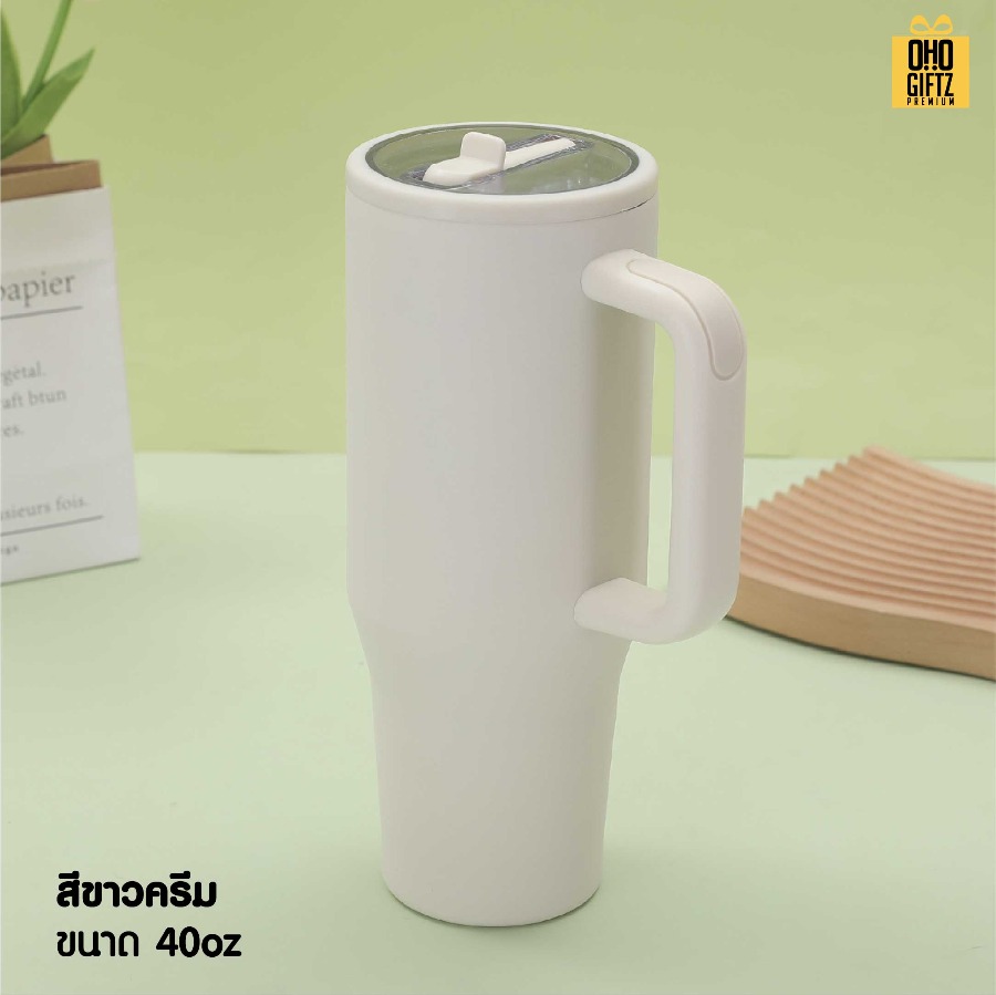 แก้วน้ำสแตนเลสใส่ช่องรถยนต์ มีหูถือ สกรีนโลโก้ ทำเป็นของพรีเมี่ยมได้