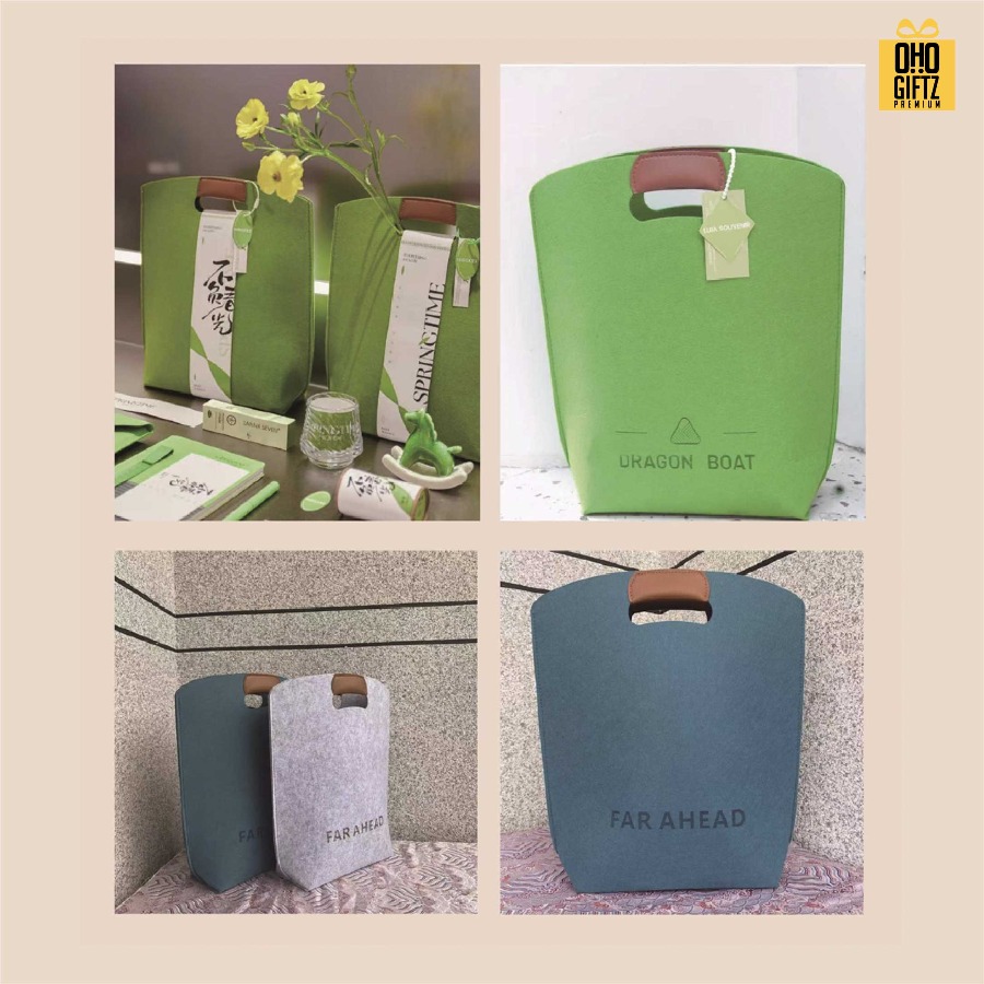 กระเป๋าถือผ้าสักหลาดหูจับหนัง PU สกรีนโลโก้ ทำเป็นของพรีเมี่ยมได้