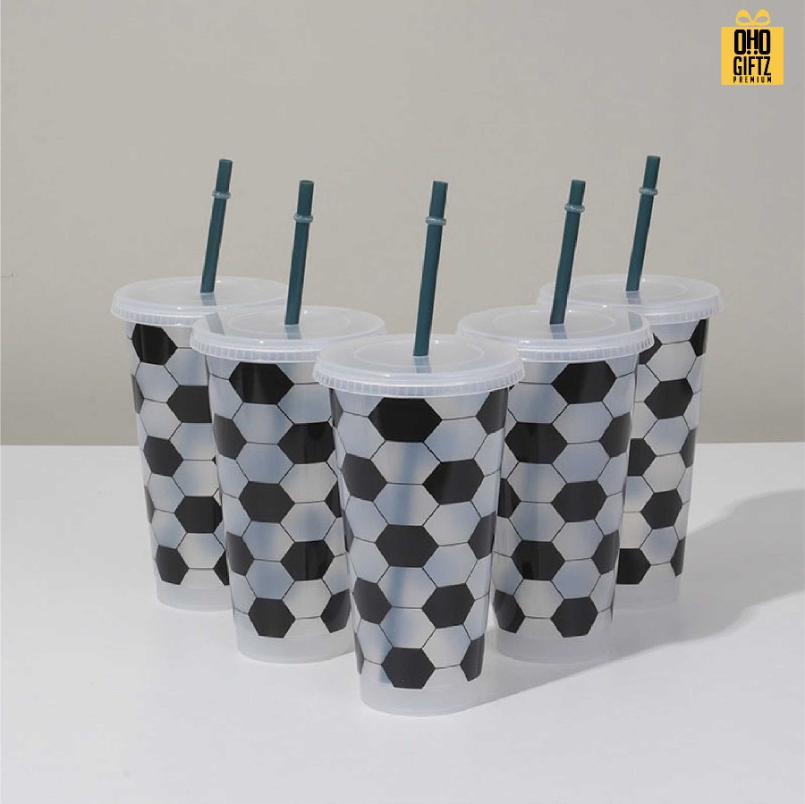 แก้ว PP ลายฟุตบอลพร้อมหลอด สกรีนโลโก้ ทำเป็นของพรีเมี่ยมได้