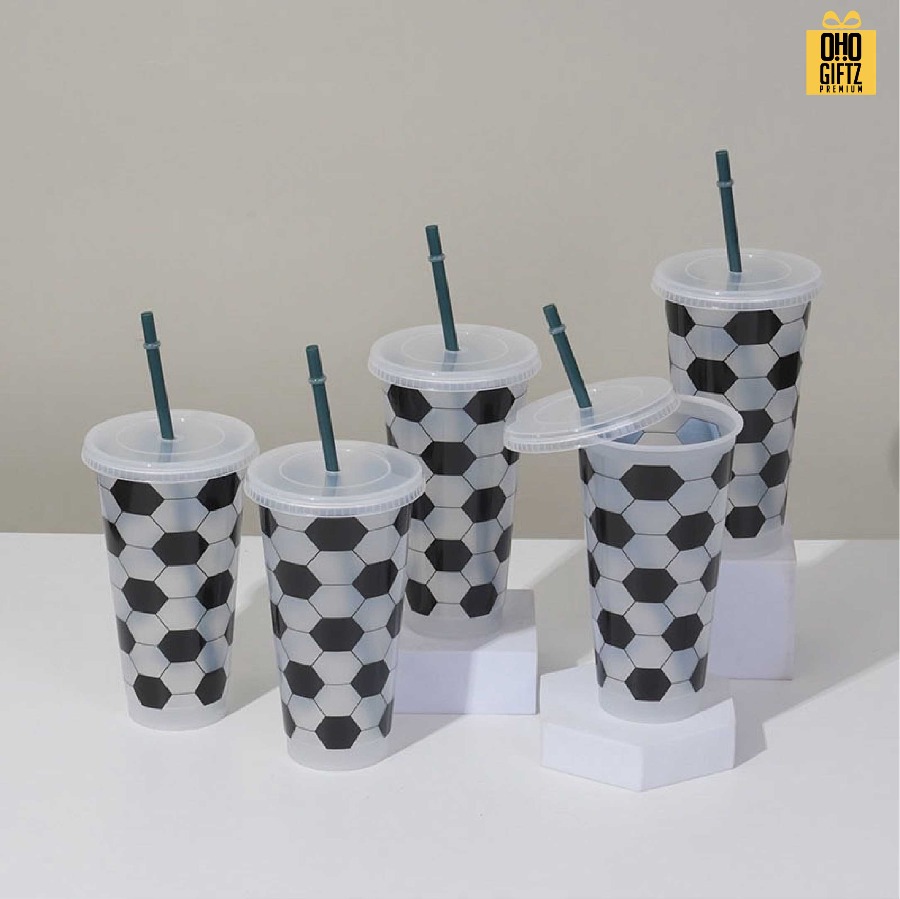 แก้ว PP ลายฟุตบอลพร้อมหลอด สกรีนโลโก้ ทำเป็นของพรีเมี่ยมได้