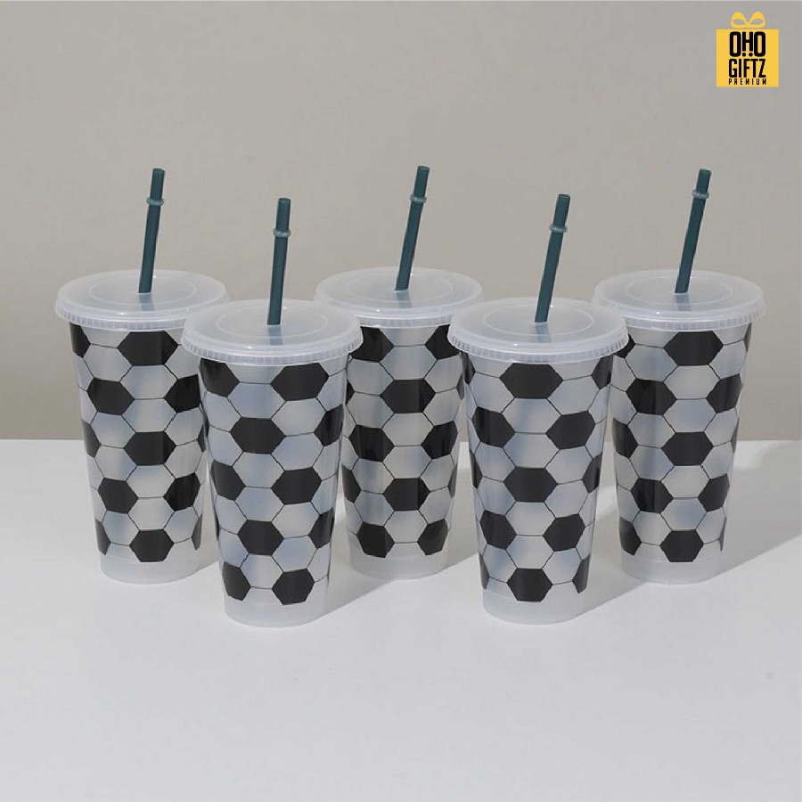 แก้ว PP ลายฟุตบอลพร้อมหลอด สกรีนโลโก้ ทำเป็นของพรีเมี่ยมได้