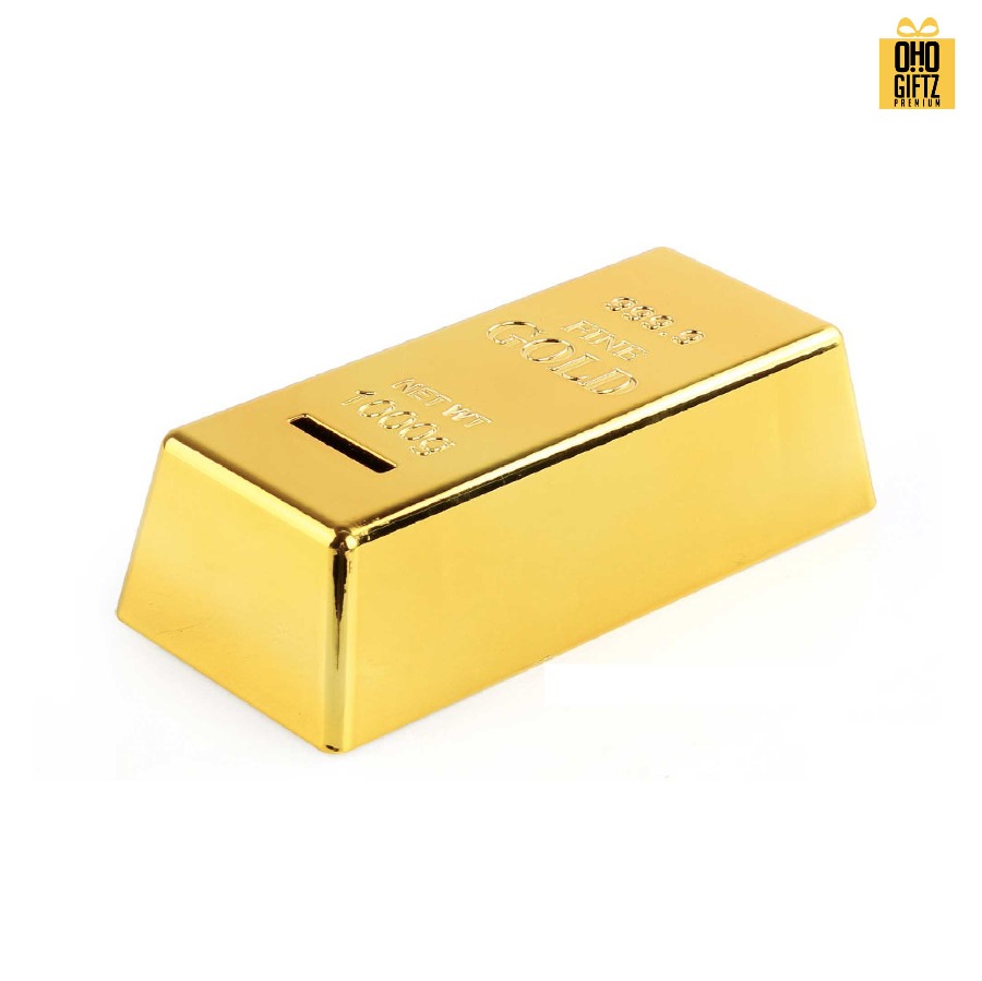 กระปุกออมสินทองแท่ง พลาสติก สกรีนโลโก้ ทำเป็นของพรีเมี่ยม ของชำร่วยได้