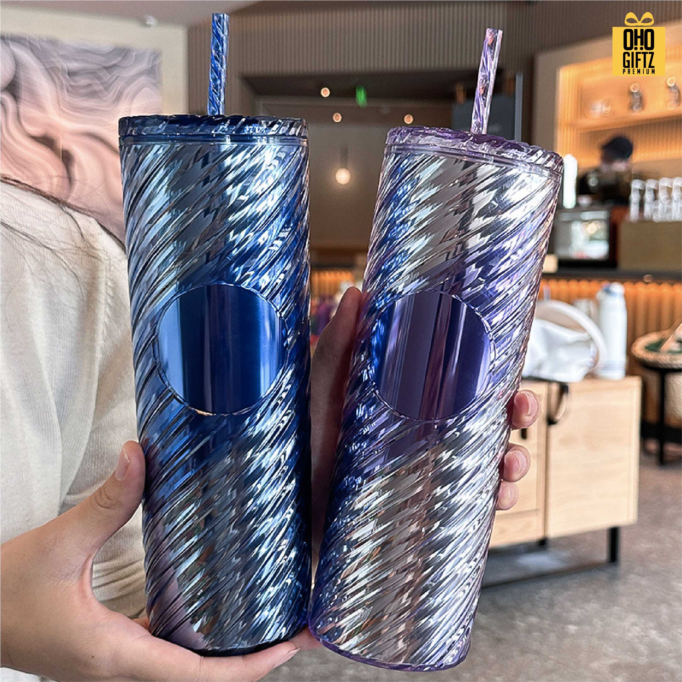 กระบอกน้ำพลาสติก 2 ชั้น พร้อมหลอด สกรีนโลโก้ ทำเป็นของพรีเมี่ยมได้