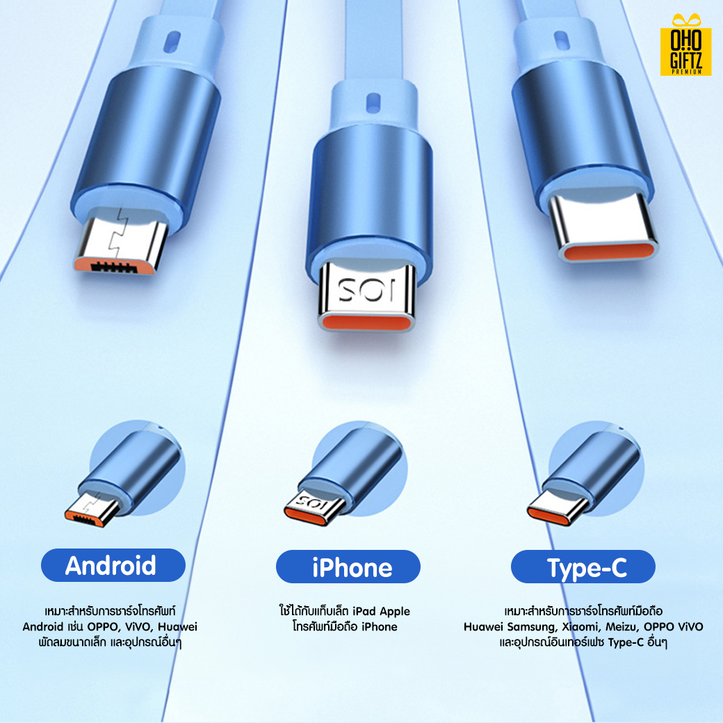 สายชาร์จ 3in1 ยืดหดได้ สกรีนชื่อ,โลโก้ ทำเป็นของพรีเมี่ยมได้