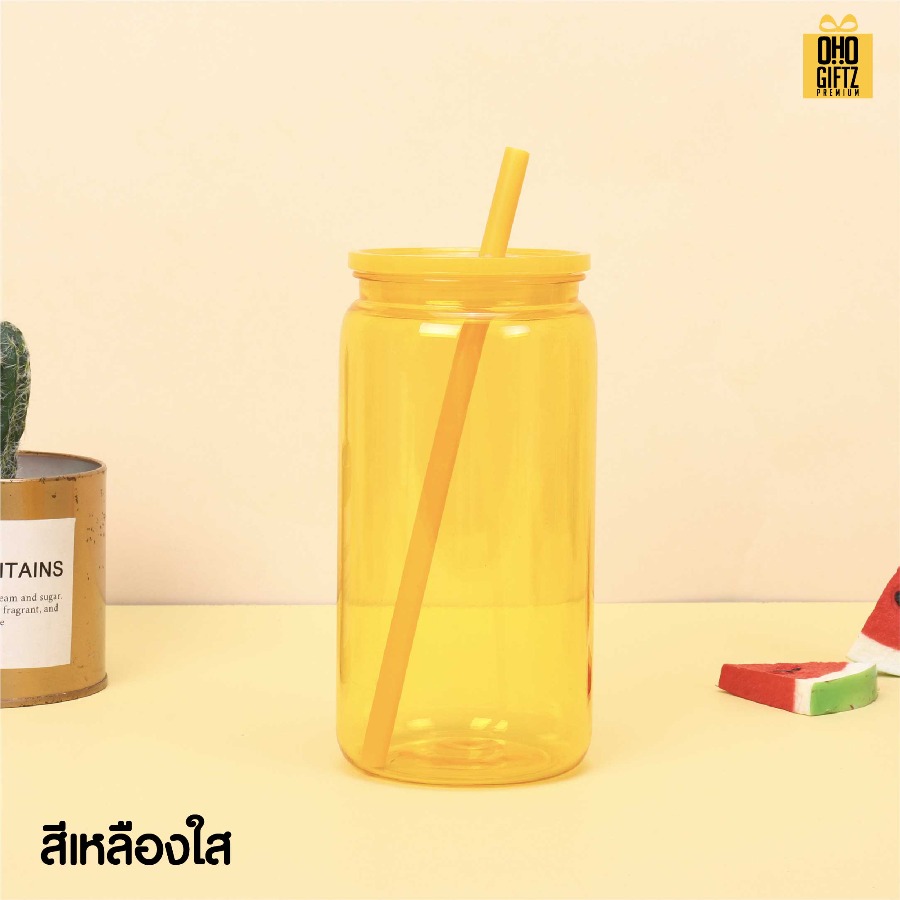 ถ้วยน้ำพลาสติก สีสวย พร้อมหลอด สกรีนโลโก้ ทำเป็นของพรีเมี่ยมได้