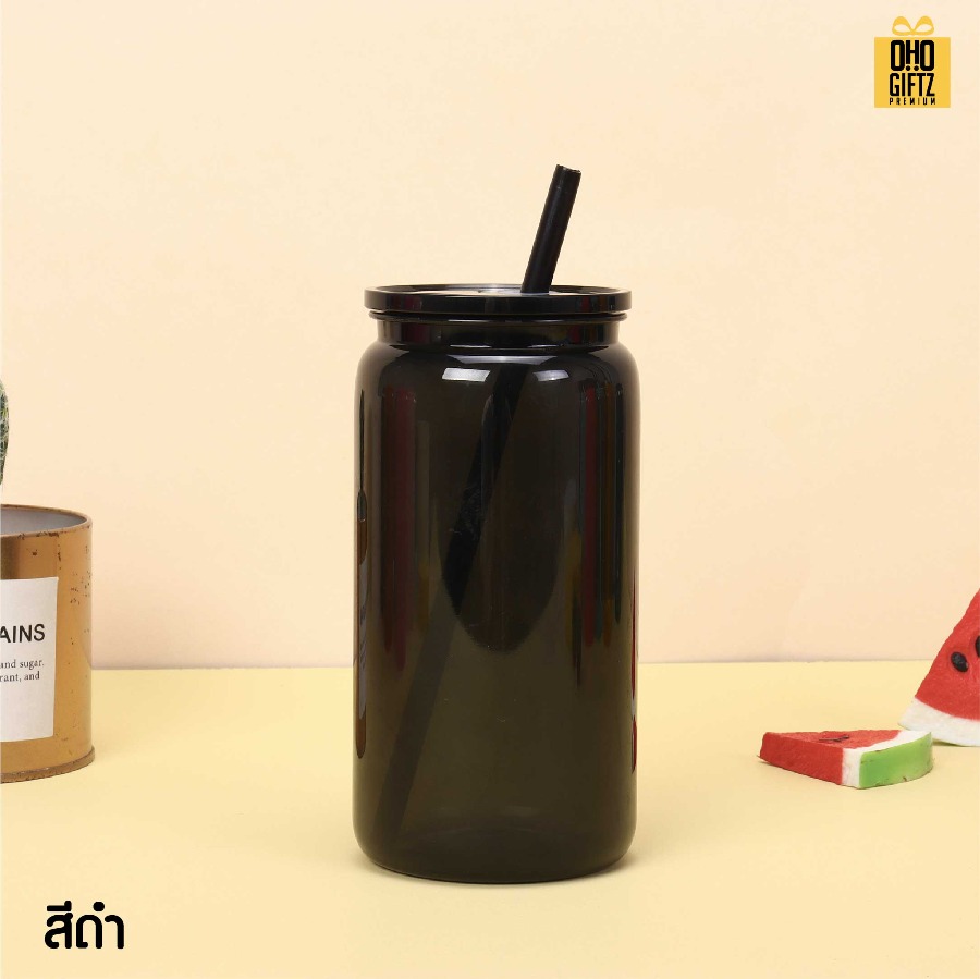 ถ้วยน้ำพลาสติก สีสวย พร้อมหลอด สกรีนโลโก้ ทำเป็นของพรีเมี่ยมได้