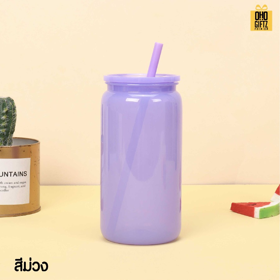 ถ้วยน้ำพลาสติก สีสวย พร้อมหลอด สกรีนโลโก้ ทำเป็นของพรีเมี่ยมได้