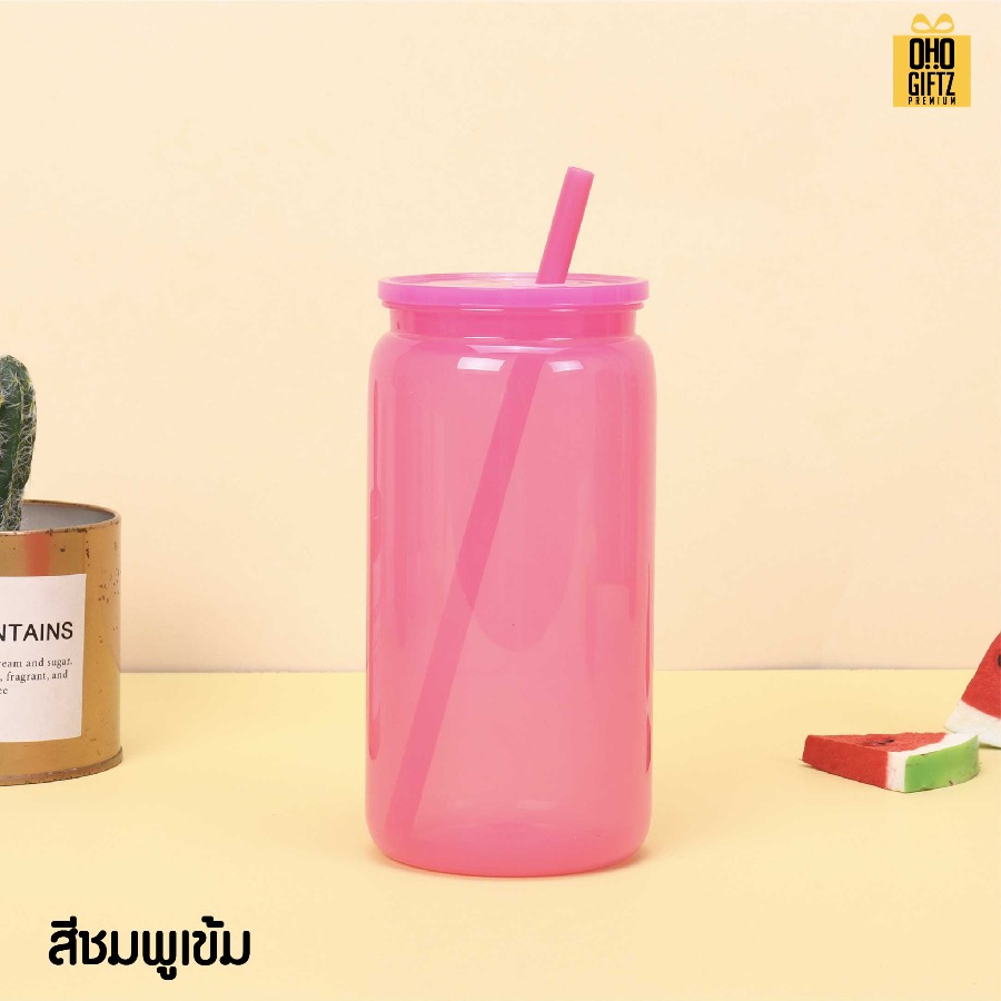ถ้วยน้ำพลาสติก สีสวย พร้อมหลอด สกรีนโลโก้ ทำเป็นของพรีเมี่ยมได้