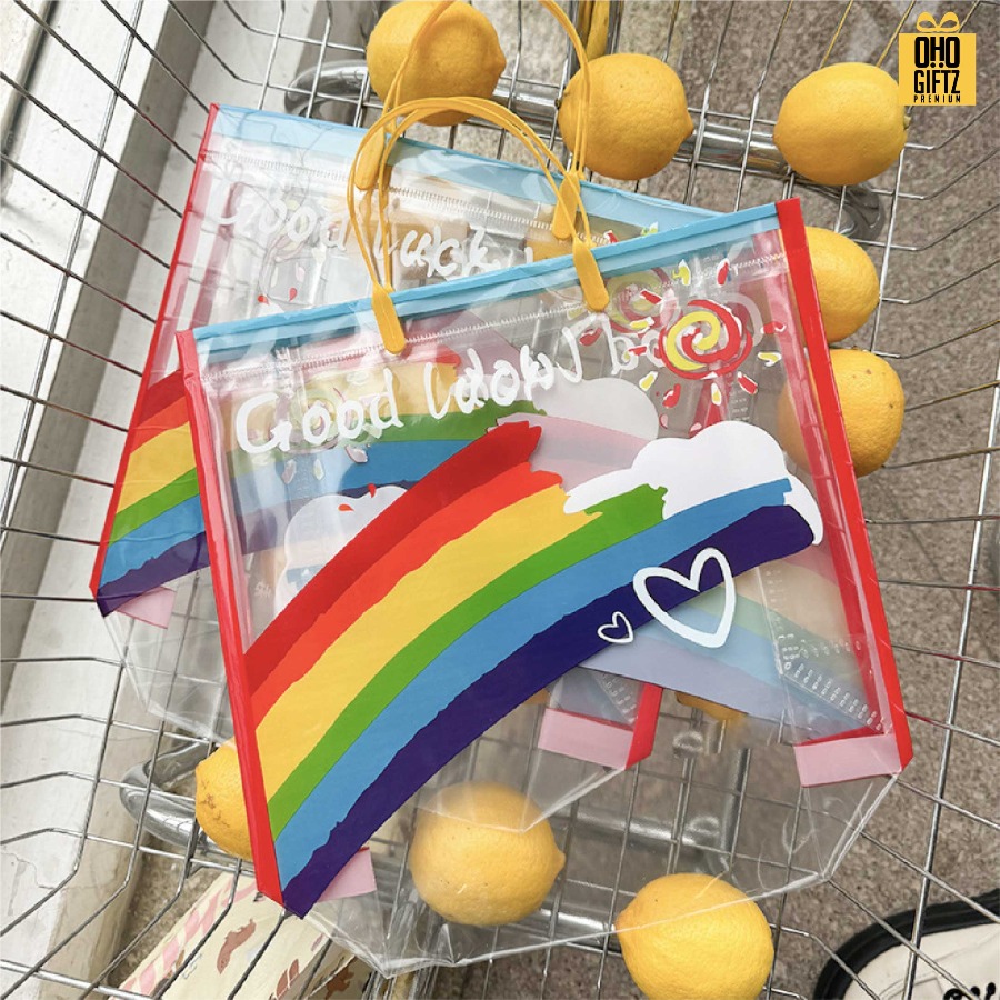 กระเป๋าใส PVC สายรุ้ง สกรีนโลโก้ ทำเป็นของพรีเมี่ยมได้