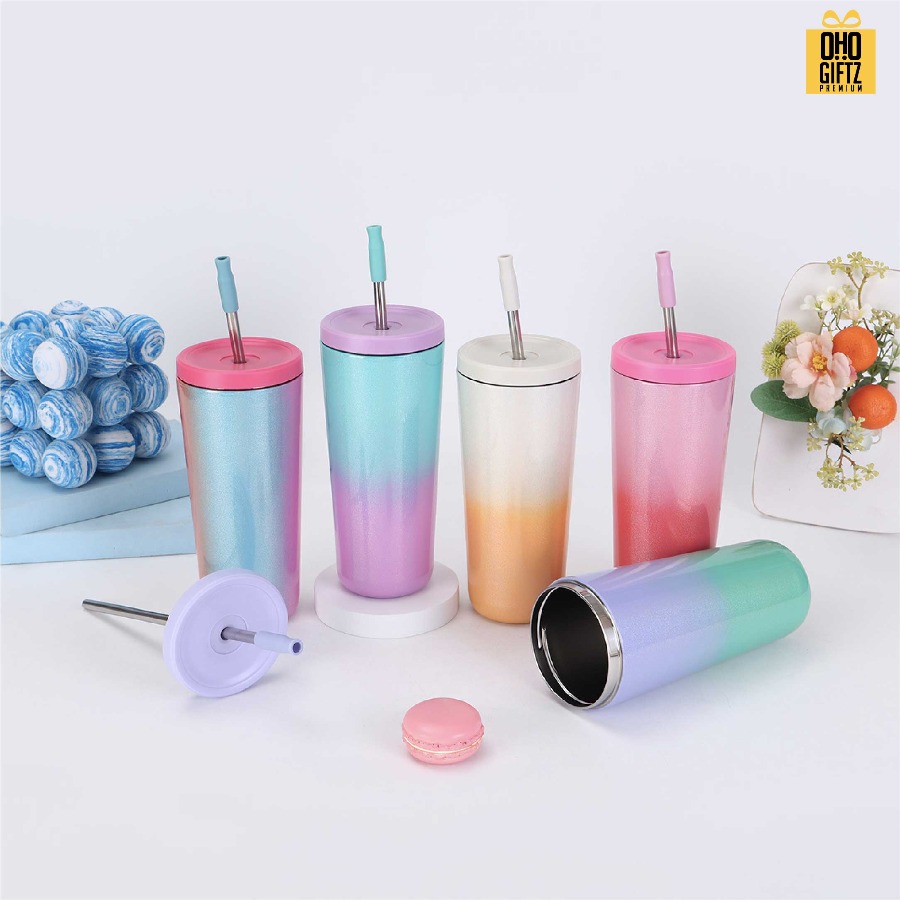 แก้วสแตนเลสสีทูโทน พร้อมหลอด สกรีนโลโก้ ทำเป็นของพรีเมี่ยมได้