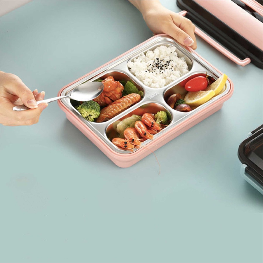 กล่องข้าวสแตนเลสพร้อมช้อน สกรีนโลโก้ ทำเป็นของพรีเมี่ยมได้