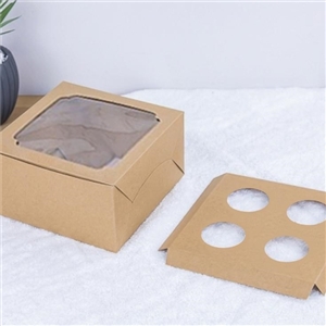 [0504007] กล่องใส่ขนม กล่องใส่เบเกอรี่ บรรจุภัณฑ์ กล่องคัพเค้ก 4 ชิ้น หน้าต่างกว้าง พร้อมฐาน คราฟท์