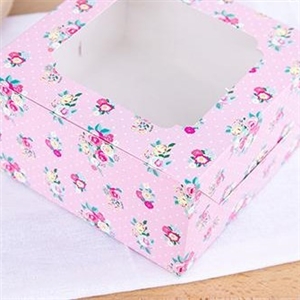 [0403027] กล่องเบเกอรี่ กล่องใส่ขนมเค้ก กล่อง บรรจุภัณฑ์ กล่องสแน็คหน้าต่าง ลายดอกไม้พื้นชมพู (กล่องเค้กครึ่งปอนด์)