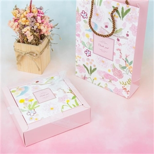 [1402005] ถุงใส่ของ กล่อง บรรจุภัณฑ์ เซ็ทกล่อง+ถุงกระดาษ Thank you ชมพู ลายดอกไม้ S #G5